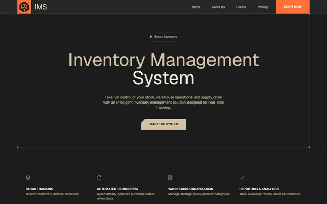 Sitio web de un software de gestión de inventario creado con Mobirise (tema ControlM5), vista de escritorio
