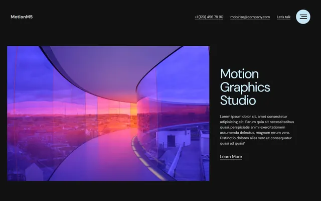 Motion graphics studio website made with Mobirise (MotionM5 theme), desktop view