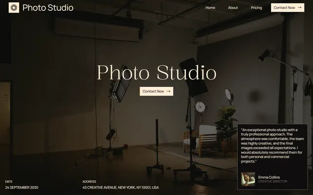 Site web d'un studio photo créé avec Mobirise (thème ReflectionM5), vue ordinateur